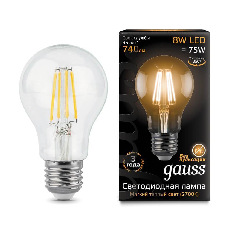 Лампа светодиодная филаментная Gauss E27 8W 2700К прозрачная 102802108