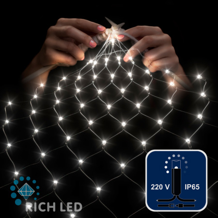Светодиодная сетка Rich LED 2*2 м, белая, 264 LED, 220 B, чёрный провод, колпачок RL-N2*2-CB/W