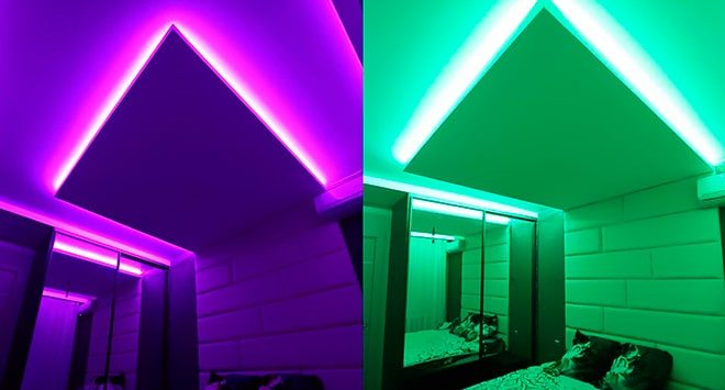 Пример использования RGB ленты в спальне Пример использования RGB ленты в спальне