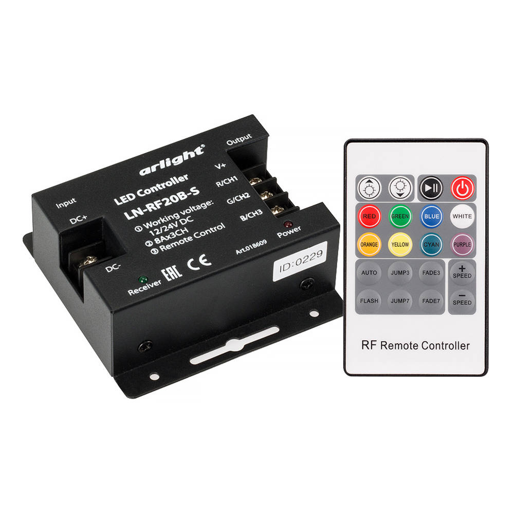 Контроллер LN-RF20B-S (12-24V, 288-576W, ПДУ 20кн) (Arlight, IP20 Металл, 1 год) инфракрасный rgb контроллер swg
