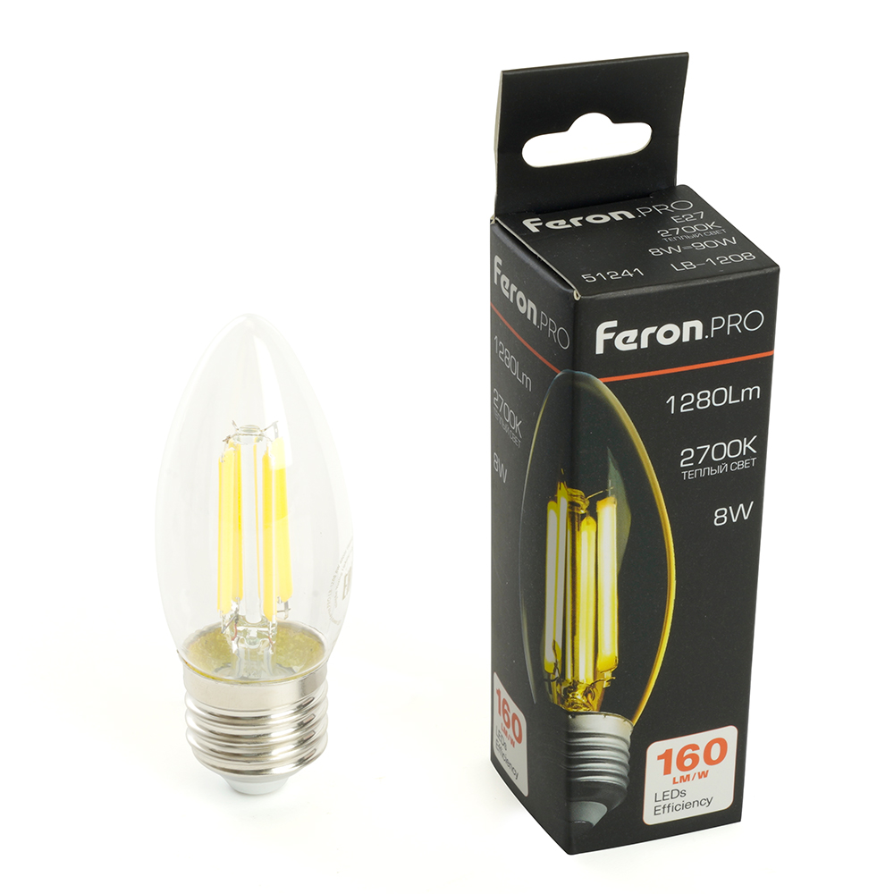Лампа светодиодная FeronPRO LB-1208 Свеча E27 1280LM 8W 175-265V 2700K 1375₽