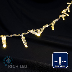 Светодиодная гирлянда Rich LED 5 м, 72 LED, 220 В, не соединяемая, влагозащитный колпачок, тепло белая, прозрачный провод, RL-S5N-72L-220V-CT/WW