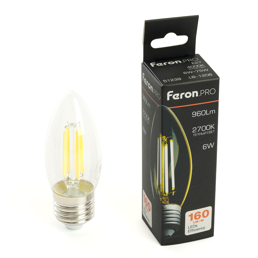 Лампа светодиодная FeronPRO LB-1206 Свеча E27 960LM 6W 175-265V 2700K 1045₽
