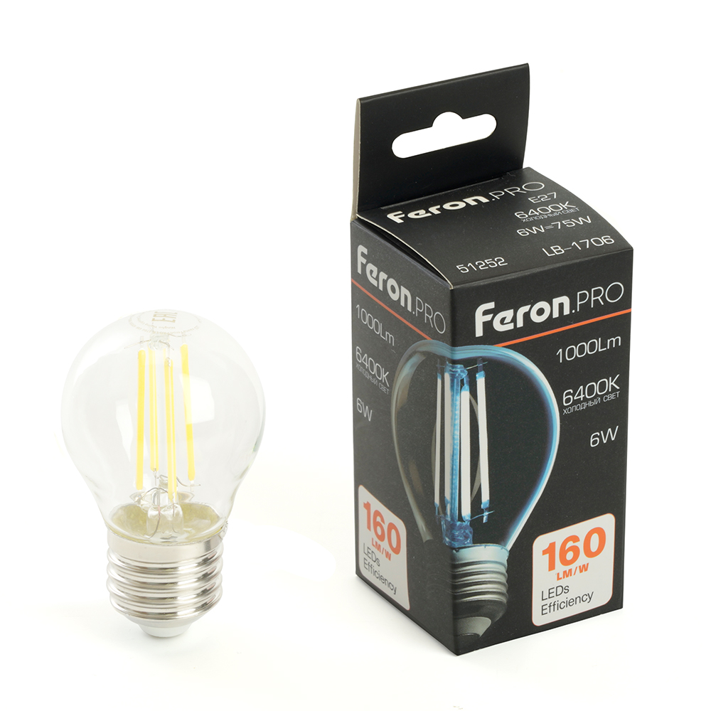 Лампа светодиодная FeronPRO LB-1706 Шарик E27 1000LM 6W 175-265V 6400K 1045₽