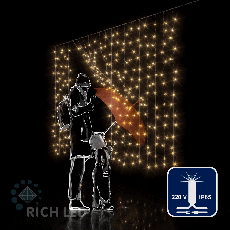 Светодиодный занавес Rich LED 2*1.5 м облегченный, влагозащитный колпачок, мерцание, тепло белый, белый провод, RL-CS2*1.5F-CW/WW