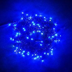 Гирлянда Нить 10м Синяя с Мерцанием Белого Диода 24В, 100 LED, Провод Черный ПВХ, IP54