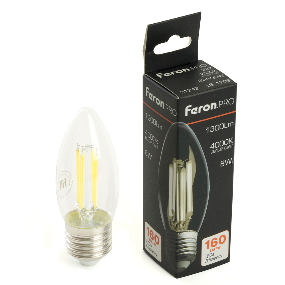 Лампа светодиодная FeronPRO LB-1208 Свеча E27 1300LM 8W 175-265V 4000K 1375₽