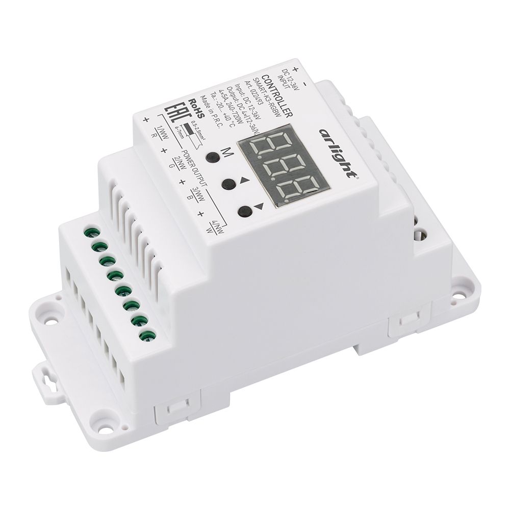 Контроллер SMART-K3-RGBW (12-36V, 4x5A, DIN, 2.4G) (Arlight, IP20 Пластик, 5 лет) контроллер easybus для светодиодной ленты 5 в 1 монохромный cct rgb rgbw rgb cct 5x4a es b dc