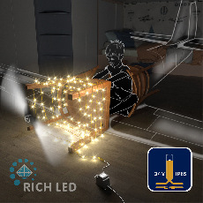 Светодиодная гирлянда Rich LED 10 м, 100 LED, 24В, соединяемая, влагозащитный колпачок, статика, теплая белая, золотой провод, RL-S10C-24V-CGd/WW