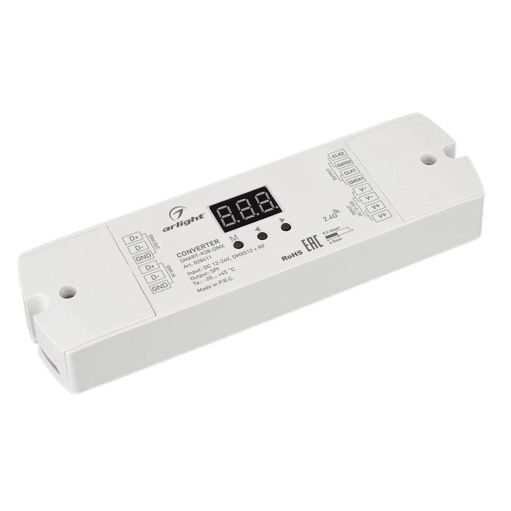 Конвертер SMART-K38-DMX (12-24V, SPI, 2.4G) (Arlight, IP20 Пластик, 5 лет) конвертер smart k58 wifi white 5 24v 2 4g arlight ip20 пластик 5 лет
