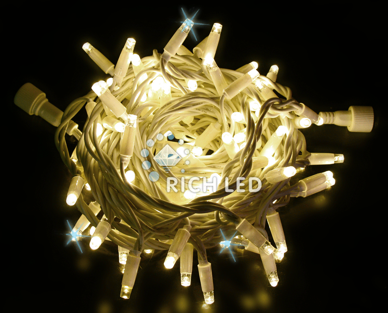 Светодиодная гирлянда Rich LED 10 м, 100 LED, 220 В, соединяемая, мерцающая, белый резиновый провод, теплая белая RL-S10CF-220V-RW/WW