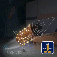 Светодиодная гирлянда Rich LED 10 м, 100 LED, 24В, соединяемая, влагозащитный колпачок, теплая белая, мерцающая, золотой провод, RL-S10CF-24V-CGd/WW