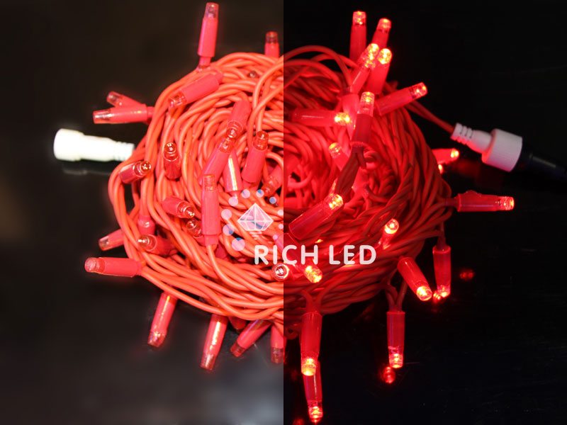 

Светодиодная гирлянда 100 LED, 4.8 Ватт, IP65, для улицы, провод красный, Свечение: постоянное, RL-S10C-24V-RR/R, RL-S10C-24V-RR/R