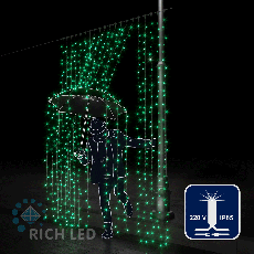 Светодиодный занавес (дождь) Rich LED 2*3 м, влагозащитный колпачок, мерцающий, зеленый, белый провод, RL-C2*3F-CW/G