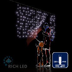 Светодиодный занавес (дождь) Rich LED 2*1 м облегченный, влагозащитный колпачок, белый, белый провод, RL-CS2*1-CW/W