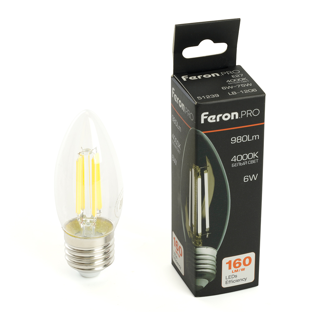 Лампа светодиодная FeronPRO LB-1206 Свеча E27 980LM 6W 175-265V 4000K 1045₽