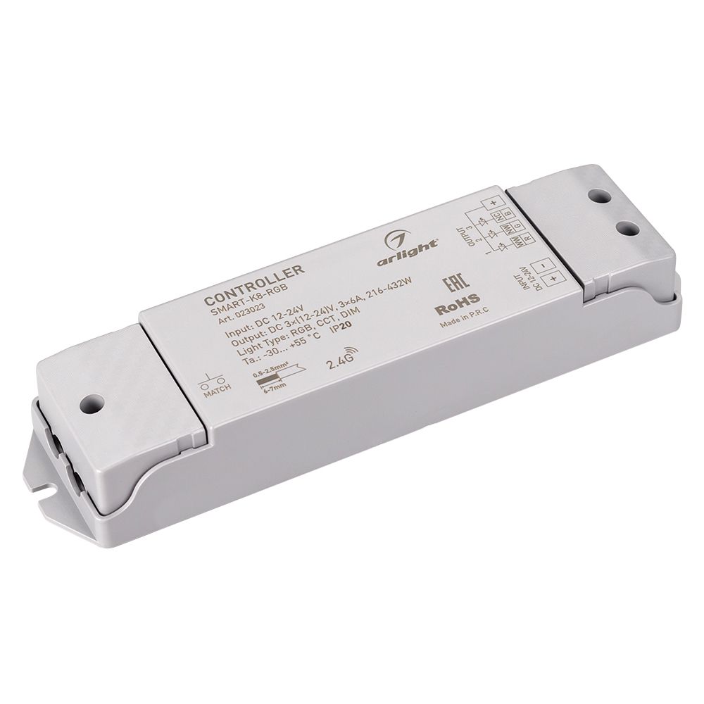 Контроллер SMART-K8-RGB (12-24V, 3x6A, 2.4G) (Arlight, IP20 Пластик, 5 лет) декодер arl 7022 dmx 12 24v 3x6a dmx512 arlight ip20 металл 3 года