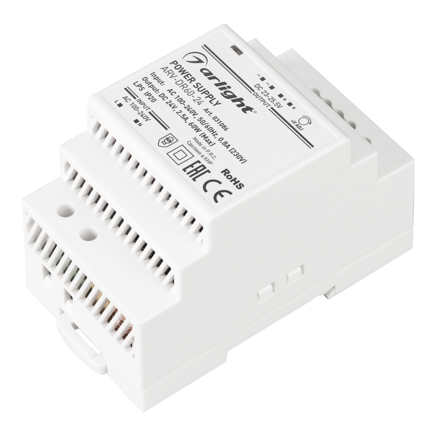 Блок питания ARV-DR60-24 (24V, 2.5A, 60W) (Arlight, IP20 DIN-рейка) бесперебойные источники питания powercom стабилизатор напряжения tca 3000 white