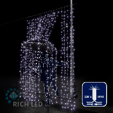 Светодиодный занавес (дождь) Rich LED 2*4 м, влагозащитный колпачок IP65, мерцающий, белый, прозрачный провод, RL-C2*4F-CT/W