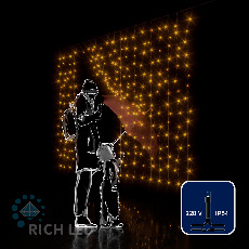 Светодиодная занавеса 300 LED, 16 Ватт, IP54, для улицы и помещения, провод черный, Свечение: постоянное, RL-CS2*1.5-B/Y