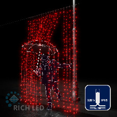 Светодиодный занавес (дождь) Rich LED 2*3 м, влагозащитный колпачок, красный, белый провод, RL-C2*3-CW/R