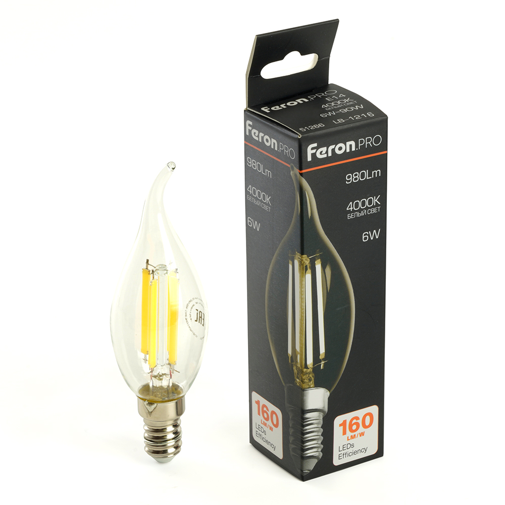 Лампа светодиодная FeronPRO LB-1216 Свеча на ветру E14 6W 175-265V 4000K 1075₽