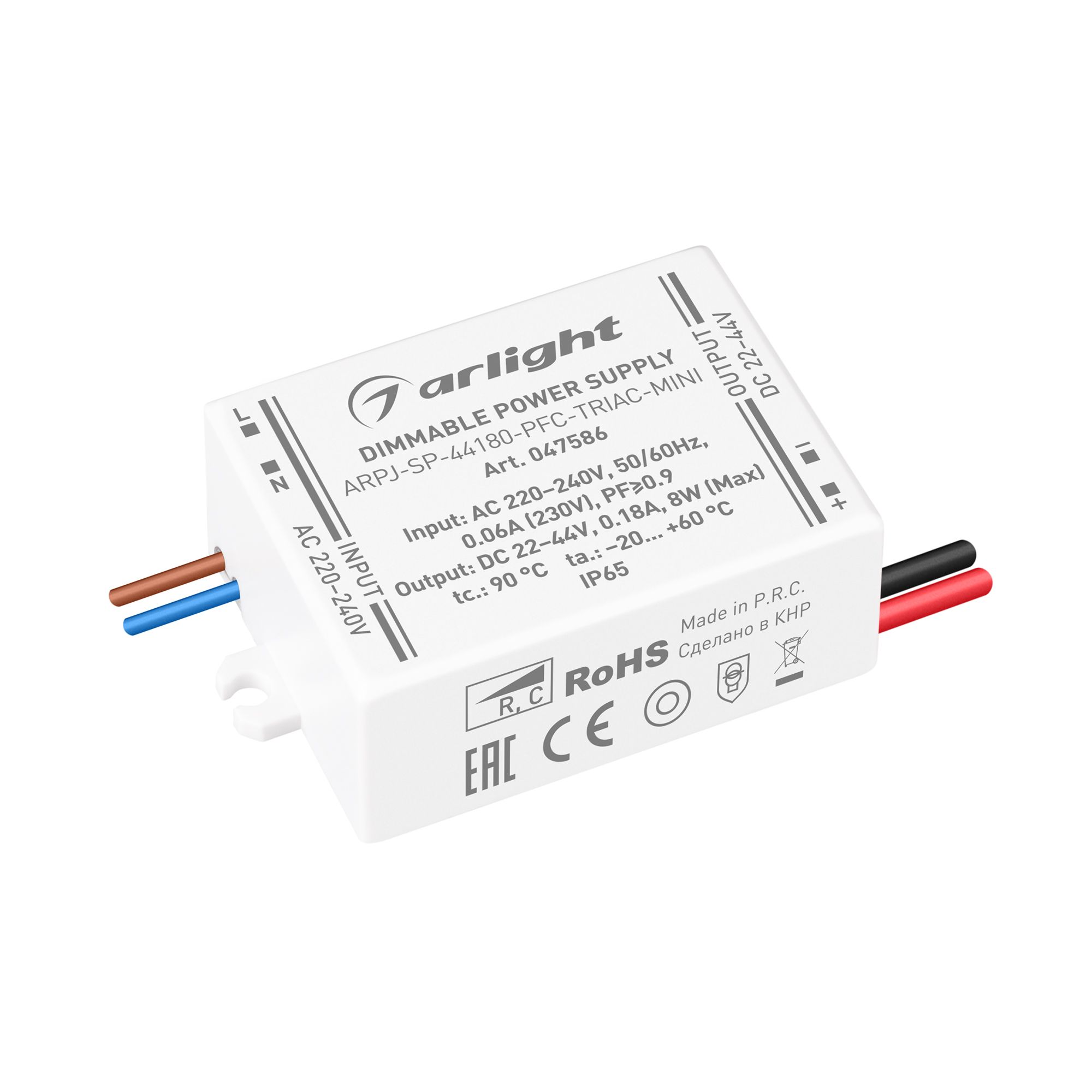 

Блок питания ARPJ-SP-44180-PFC-TRIAC-MINI (8W, 22-44V, 180mA) (Arlight, IP65 Пластик, 5 лет), 047586