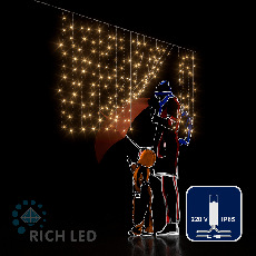 Светодиодный занавес (дождь) Rich LED 2*1 м облегченный, влагозащитный колпачок, тепло белый, прозрачный провод, RL-CS2*1-CT/WW