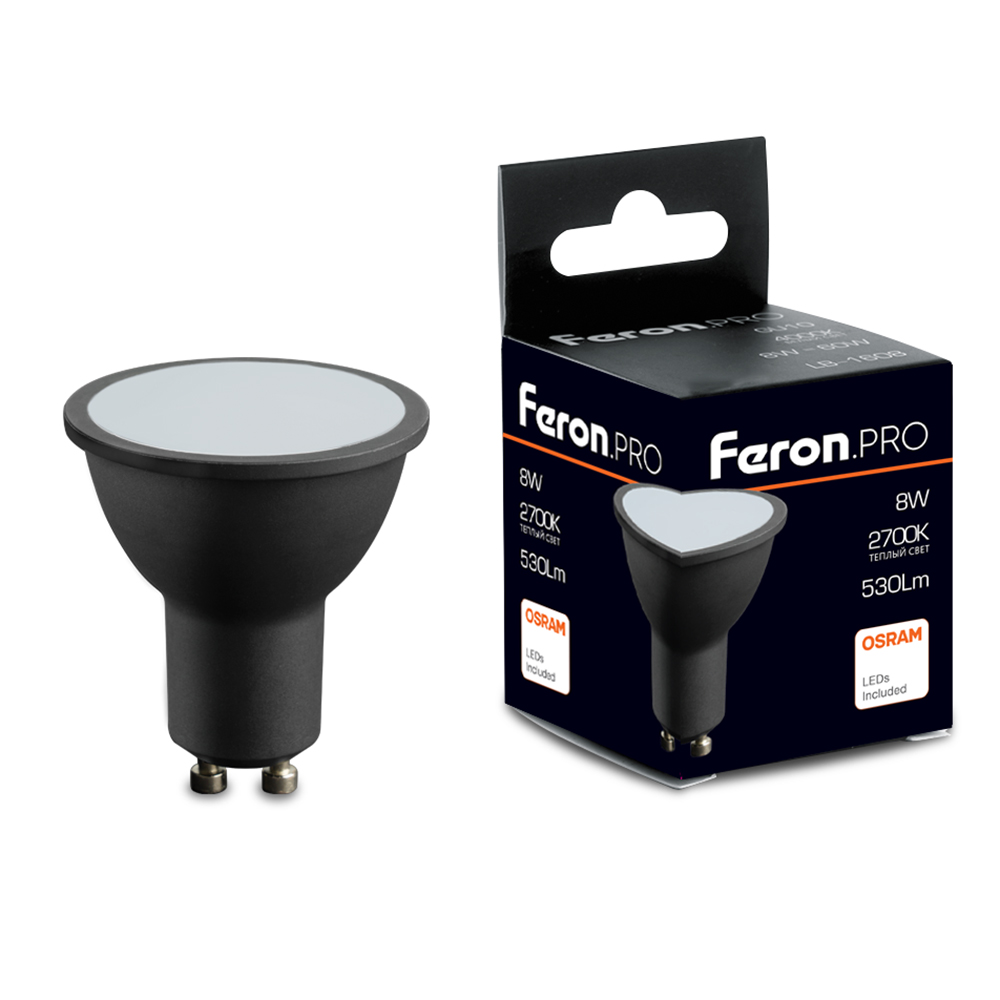 Лампа светодиодная Feron.PRO LB-1608 GU10 8W 175-265V 2700K в черном корпусе, 48958