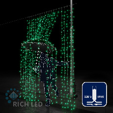 Светодиодный занавес (дождь) Rich LED 2*3 м, влагозащитный колпачок, зеленый, белый провод, RL-C2*3-CW/G