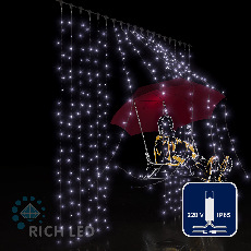 Светодиодный занавес (дождь) Rich LED 2*2 м, влагозащитный колпачок, белый, прозрачный провод, RL-C2*2-CT/W