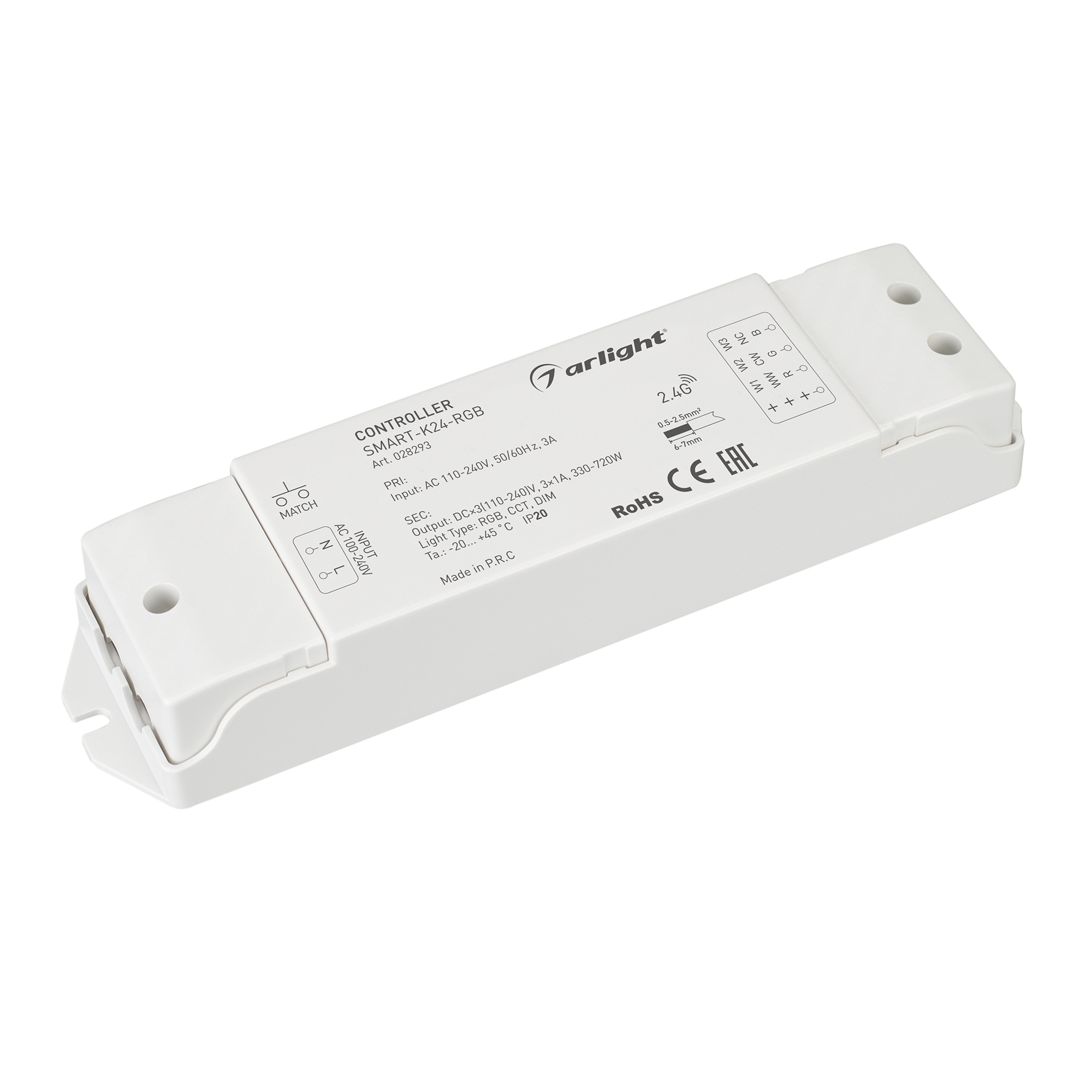 Контроллер SMART-K24-RGB (230V, 3x1A, 2.4G) (Arlight, IP20 Пластик, 5 лет) контроллер тока sr kn041cc din 12 48v 4x350 700ma arlight