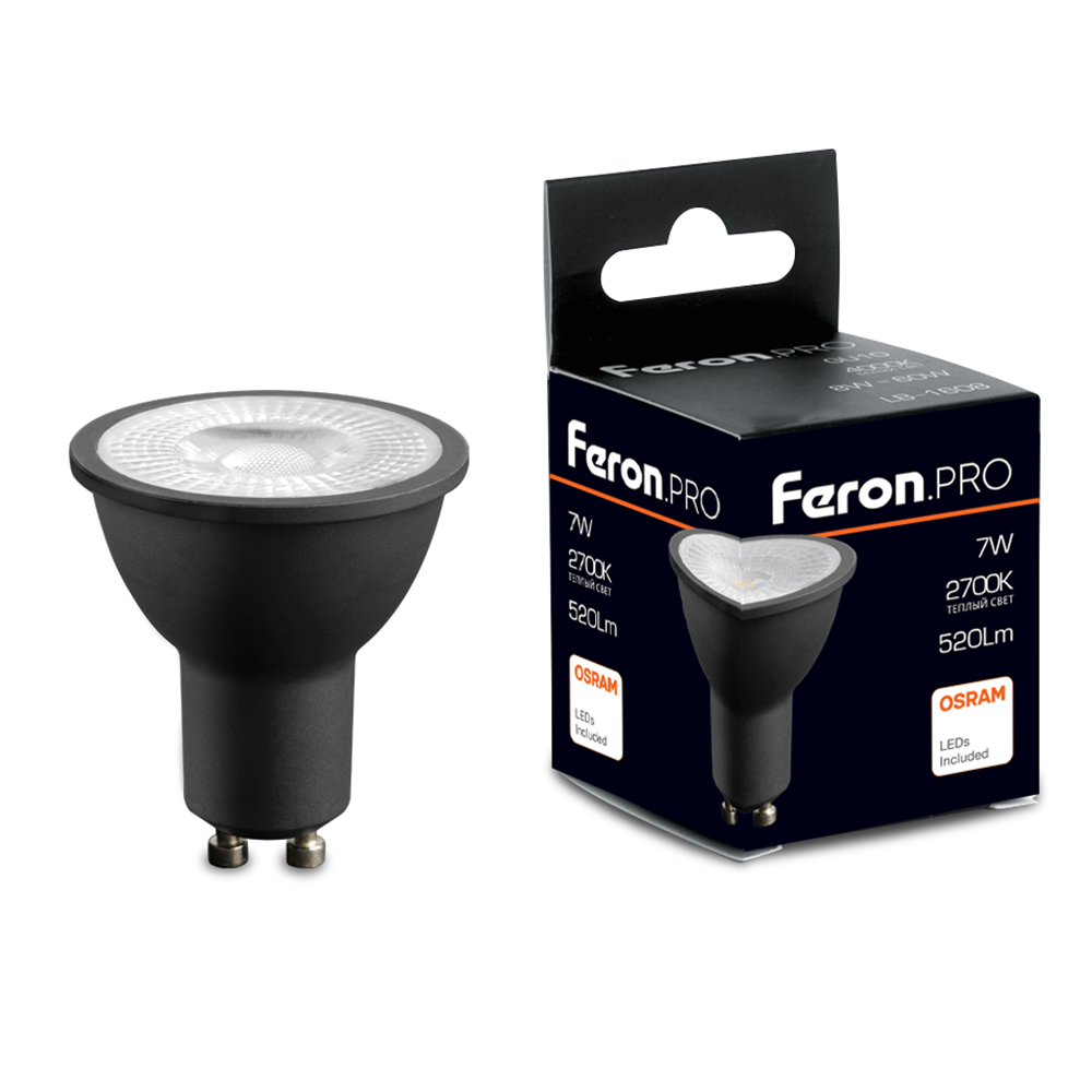 Лампа светодиодная Feron.PRO LB-1607 GU10 7W 175-265V 2700K в черном корпусе, 48956