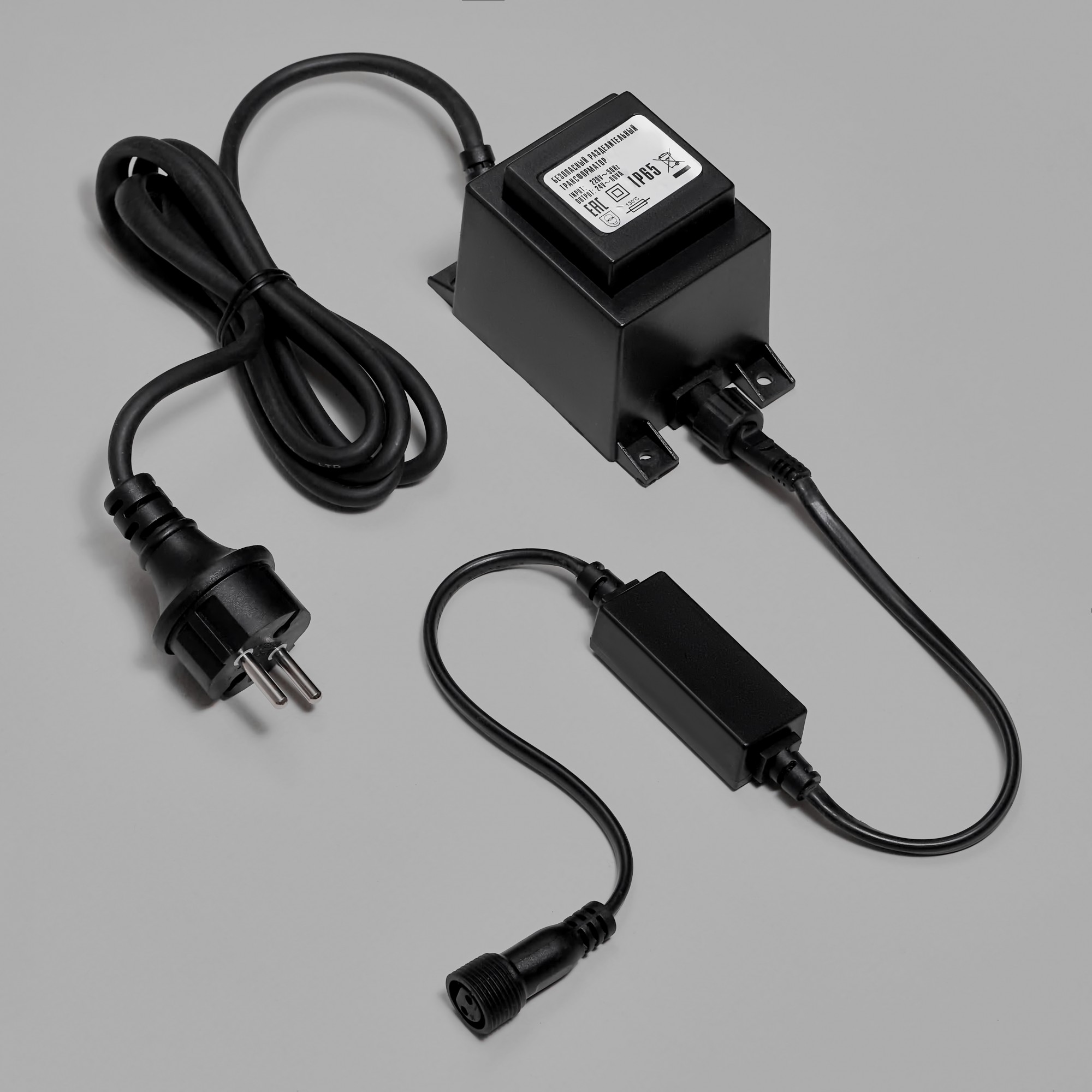 Безопасный разделительный трансформатор 220/24В INOXHUB для Нитей 10м 24В, 60Вт, 1.5м, ЧЁРНЫЙ провод