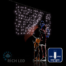 Светодиодный занавес (дождь) Rich LED 2*1 м облегченный, влагозащитный колпачок, белый, прозрачный провод, RL-CS2*1-CT/W
