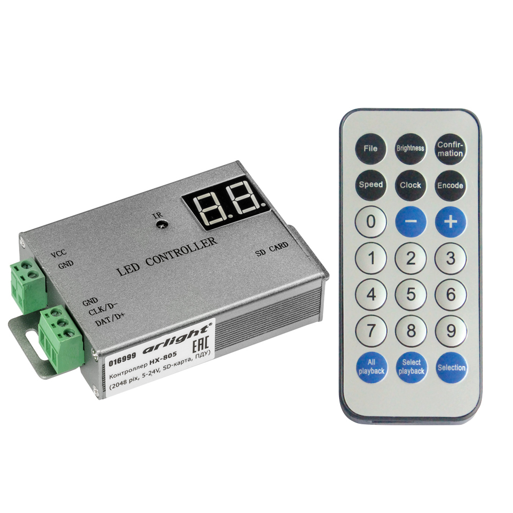 Контроллер HX-805 (2048 pix, 5-24V, SD-карта, ПДУ) (Arlight, -) wholesale t1000s controller for ws2801 ws2811 ws2812b lpd6803 led 2048 rgb pixels strip light with 256 sd card dc 5v 24v 12v
