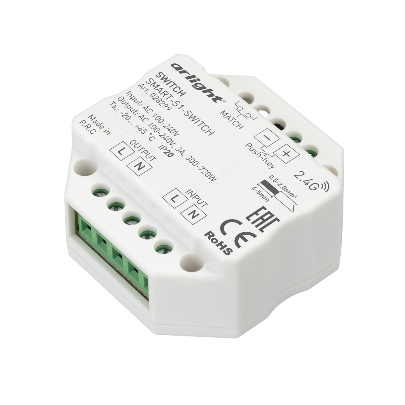 Контроллер-выключатель SMART-S1-SWITCH (230V, 3A, 2.4G) (Arlight, IP20 Пластик, 5 лет) контроллер выключатель smart tuya switch push in 230v 1 5a wifi 2 4g arlight ip20 пластик 5 лет