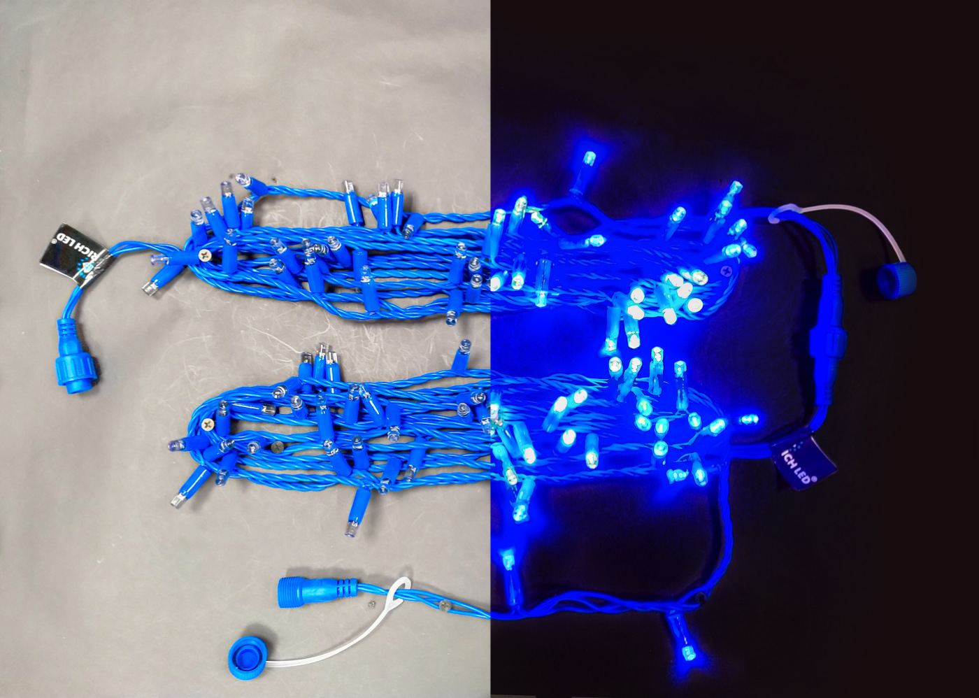 Светодиодная гирлянда Rich LED 10 м, 100 LED, 220 В, соединяемая, влагозащитный колпачок, двойная изоляция, синяя, синий провод, RL-S10C-220V-C2Bu/B