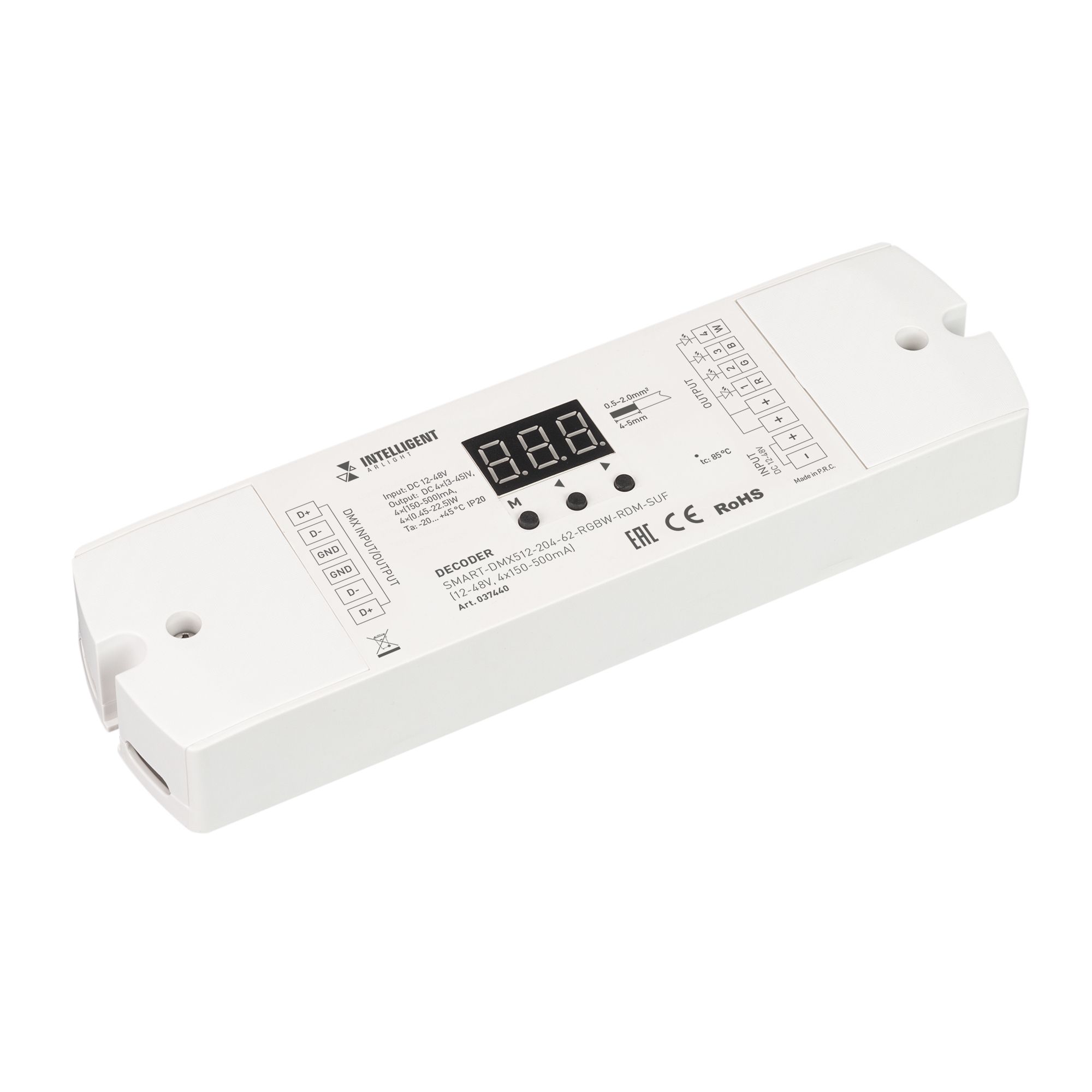 INTELLIGENT ARLIGHT Декодер SMART-DMX512-204-62-RGBW-RDM-SUF (12-48V, 4x150-500mA) (IARL, IP20 Пластик, 5 лет) 2 4g ism dmx512 беспроводной женский xlr приемник контроллер освещения с антенной