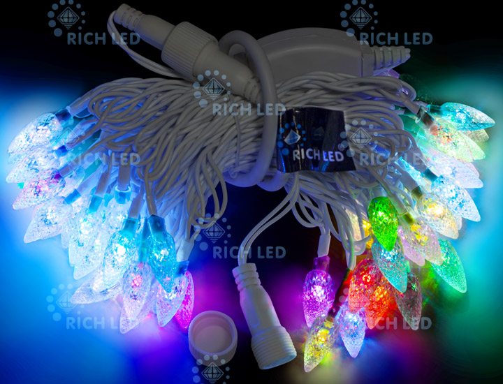 

Светодиодная гирлянда 50 LED, 8 Ватт, IP54, для улицы и помещения, провод белый, Свечение: автосмена, RL-T7.5-50C-2/W/RGB, RL-T7.5-50C-2/W/RGB
