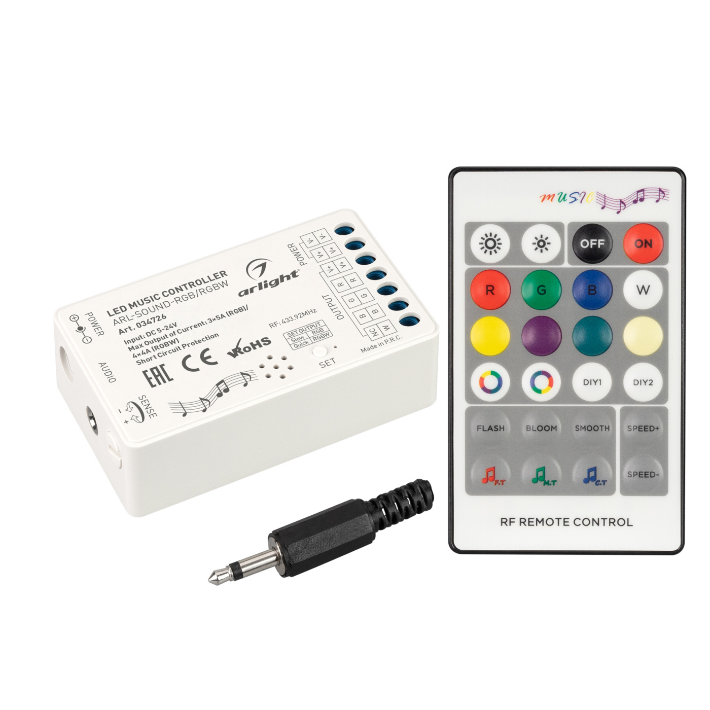 Аудиоконтроллер ARL-SOUND-RGB/RGBW (12-24V, 4x4A, RF ПДУ 24кн) (Arlight, IP20 Пластик, 3 года) выход два года до конца