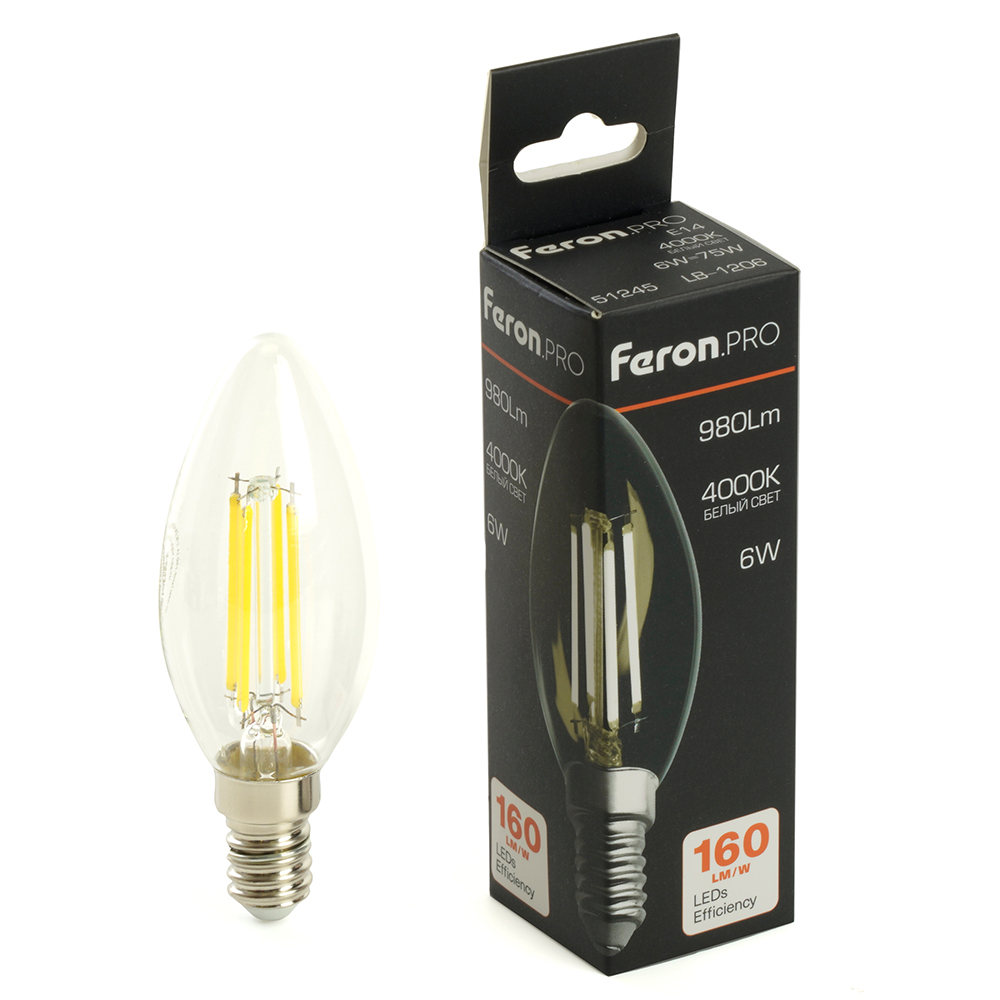 Лампа светодиодная FeronPRO LB-1206 Свеча E14 980LM 6W 175-265V 4000K 209₽