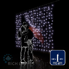 Светодиодная занавеса 300 LED, 16 Ватт, IP54, для улицы и помещения, провод Прозрачный, Свечение: постоянное, RL-CS2*1.5-T/W
