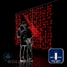 Светодиодный занавес (дождь) Rich LED 2*1.5 м облегченный, влагозащитный колпачок, красный, прозрачный провод, RL-CS2*1.5-CT/R