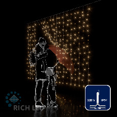 Светодиодная занавеса 300 LED, 16 Ватт, IP54, для улицы и помещения, провод Прозрачный, Свечение: постоянное, RL-CS2*1.5-T/WW