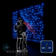 Светодиодная занавеса 300 LED, 16 Ватт, IP54, для улицы и помещения, провод черный, Свечение: постоянное, RL-CS2*1.5-B/B