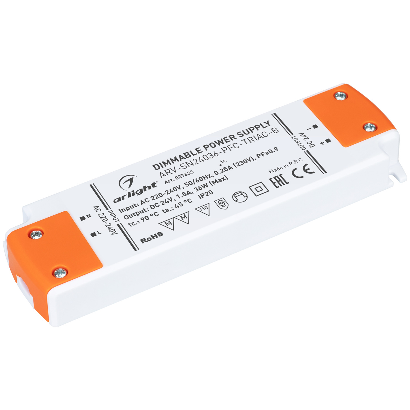 Блок питания ARV-SN24036-PFC-TRIAC-B (24V, 1.5A, 36W) (Arlight, IP20 Пластик, 3 года) панель im 300x300a 12w white arlight ip40 металл 3 года 023149 1