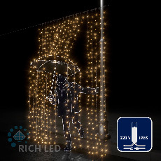 Светодиодный занавес (дождь) Rich LED 2*3 м, влагозащитный колпачок IP65, теплый белый, прозрачный провод, RL-C2*3-CT/WW