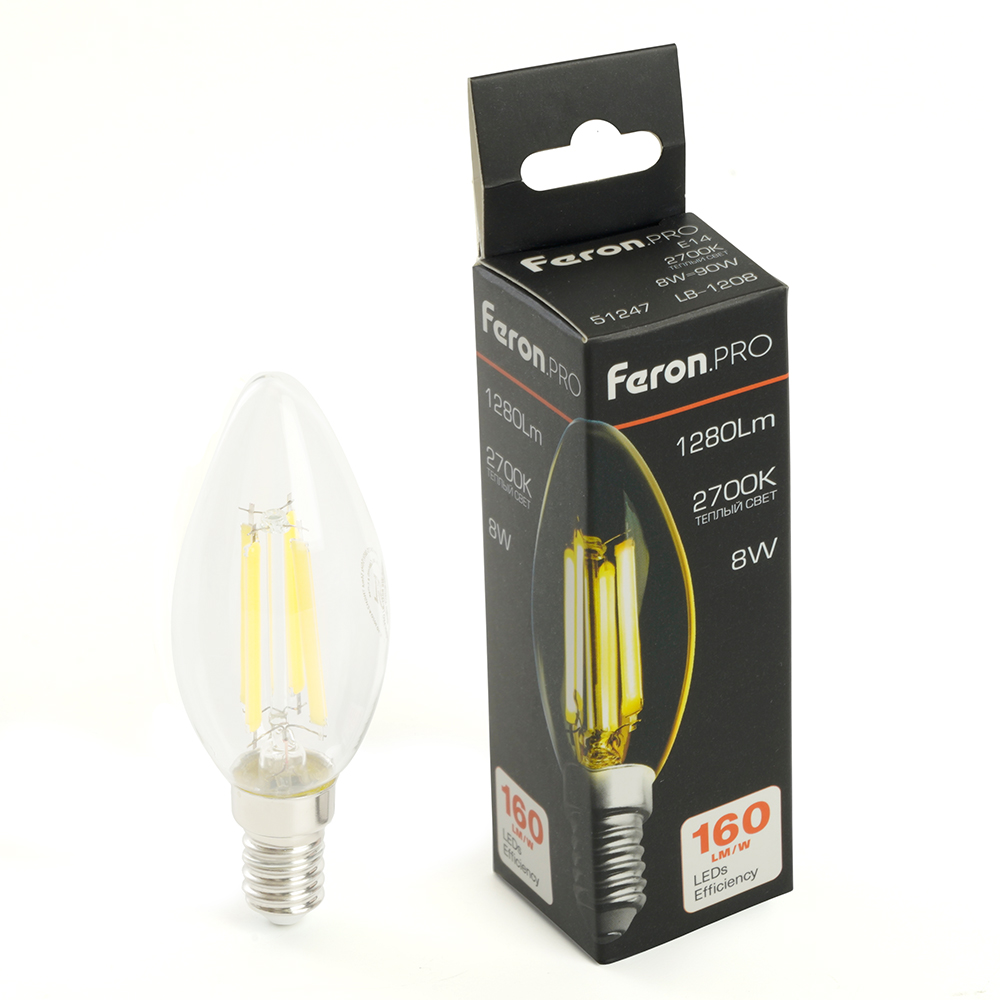 Лампа светодиодная FeronPRO LB-1208 Свеча E14 1280LM 8W 175-265V 2700K 1375₽