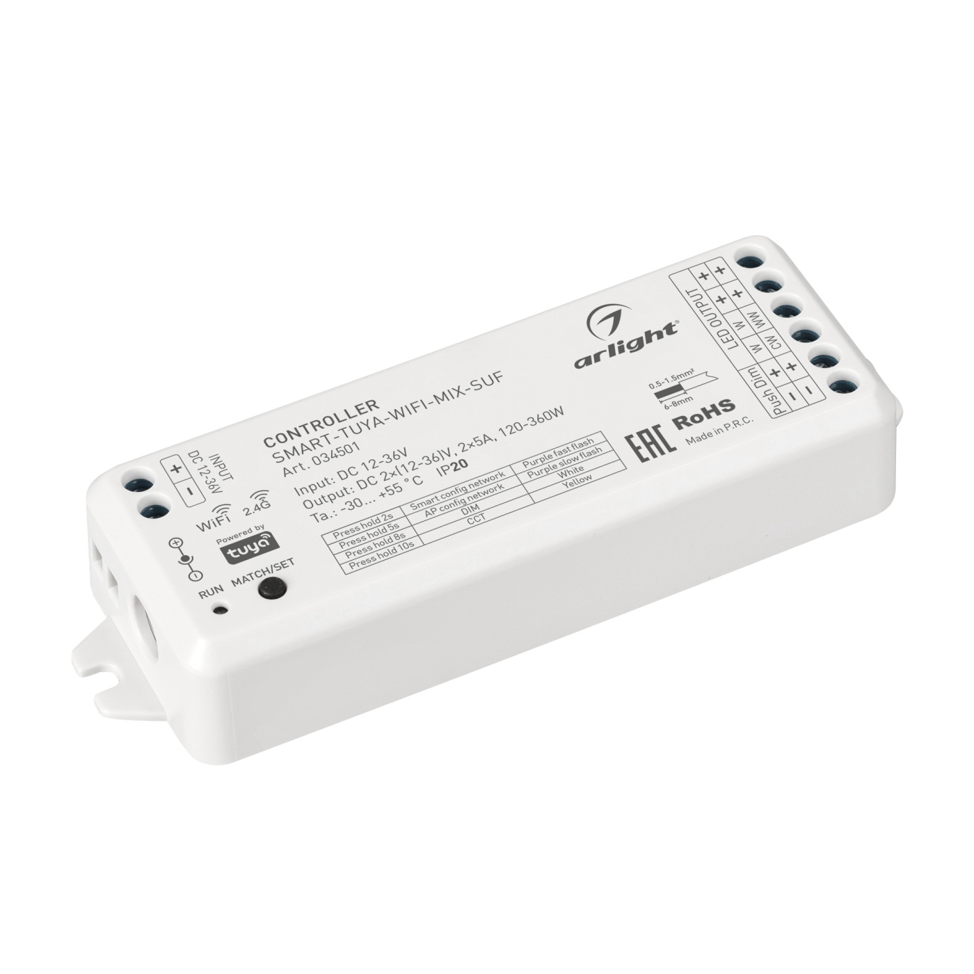 Контроллер SMART-TUYA-WIFI-MIX-SUF (12-36V, 2x5A, 2.4G) (Arlight, IP20 Пластик, 5 лет) контроллер smart k1 rgb 12 24v 3x3a 2 4g